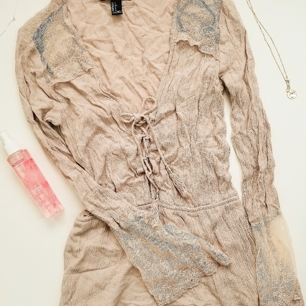 F21 Taupe Boho Lace Romper